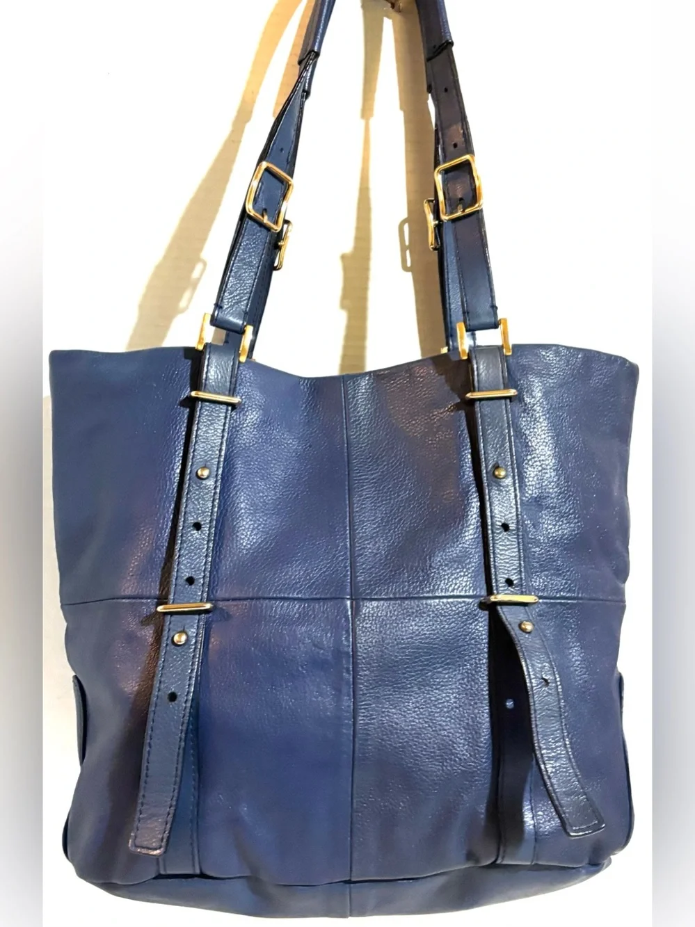 Kelsi Dagger Navy Blue distressed Leather Tote with Gold Hardware